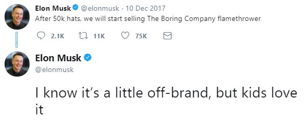 Elon musk on twitter stating he sells hats and flamethrowers